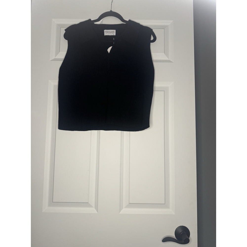 First Love Button Up V Neck Collar Sweater Vest Ribbed Black Large Nwt 46
